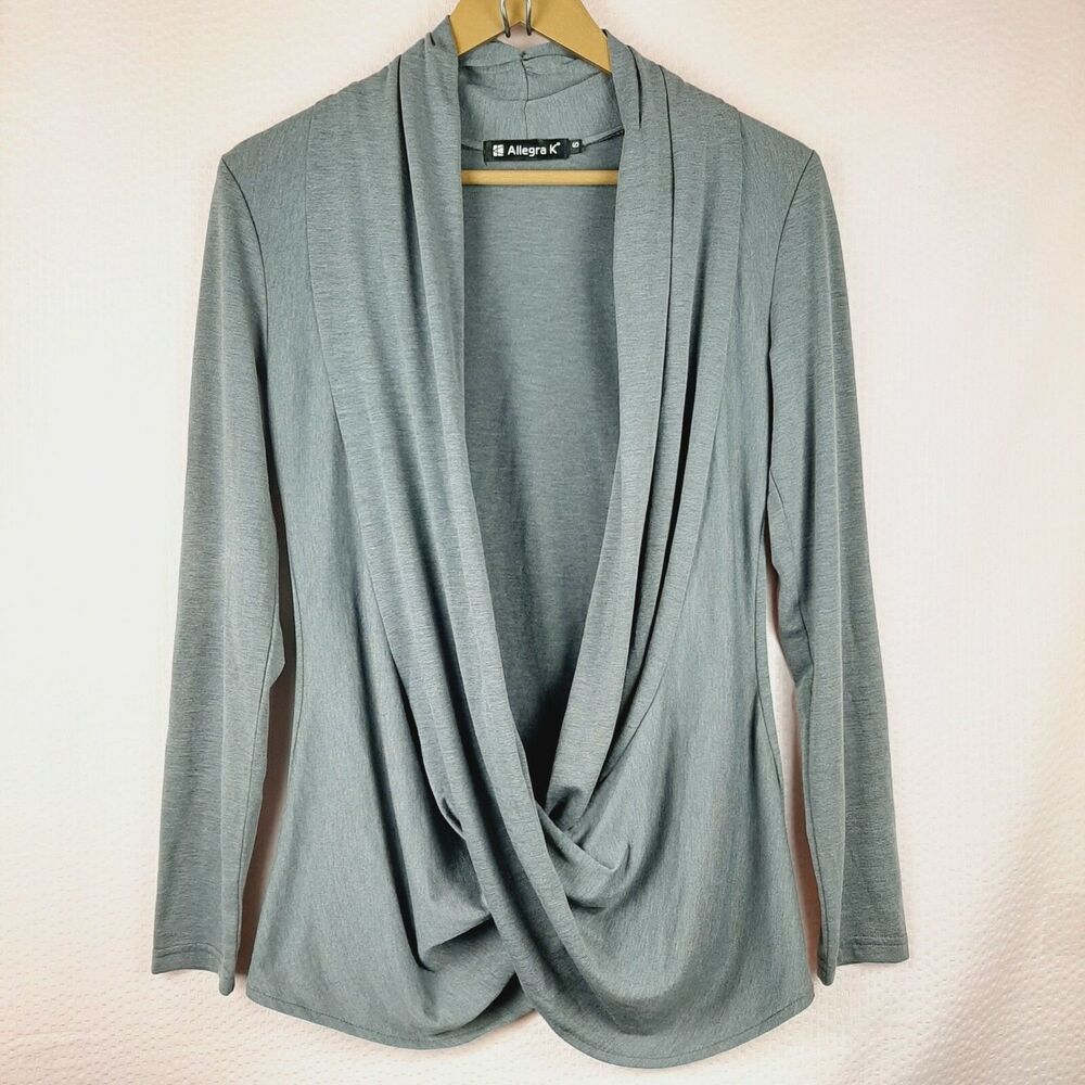 Allegra K Women Long Sleeve Open Front Cross Draped Top Cowl Neck Size S